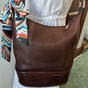 Brighton Vintage shoulder/Crossbody Bucket bag All Leather/ Croc Trim  brown EUC